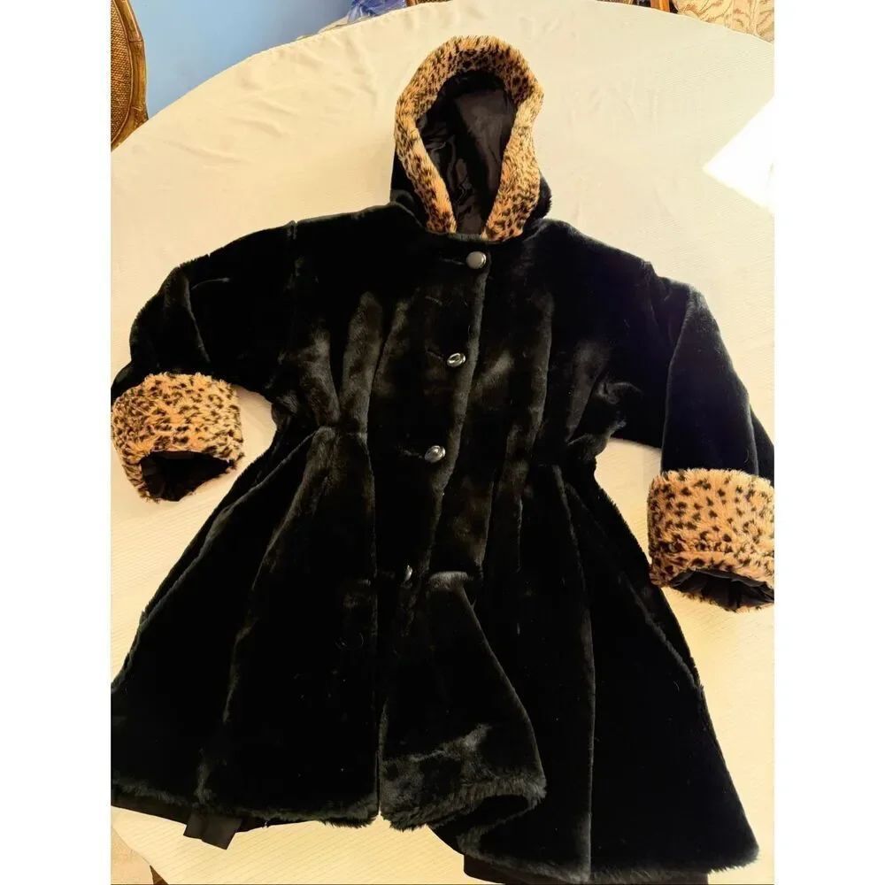 Vtg Black Faux Fur Leopard Hood/Cuffs Coat KC Collections USA Vegan Sz S Olefin